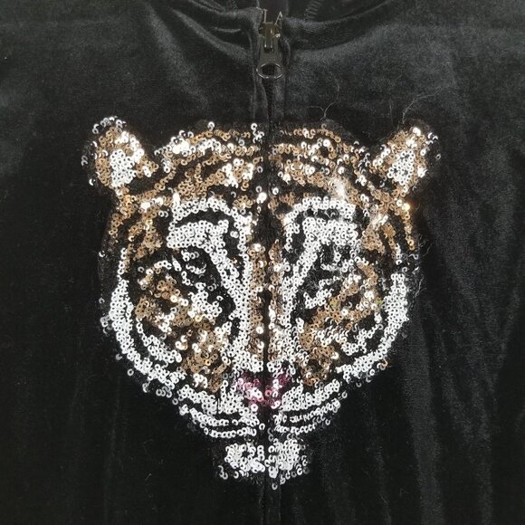 CHILDRENS‎ Place Jacket Girls Medium 7-8 Black Velour Sequin Tiger Full Zip Hood - Picture 5 of 7